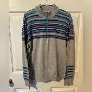 Vintage Y2K Puma Men's Gray, Purple and Blue Striped 1/4 Zip-Up Sweater